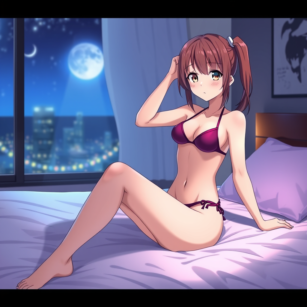 Main art studio: Adult sexy Anime Girl 25 macking sexy pose on a Bett with a Bikini that is small in a 30 sec Video. I wanna See the Girl Form down with Open legs