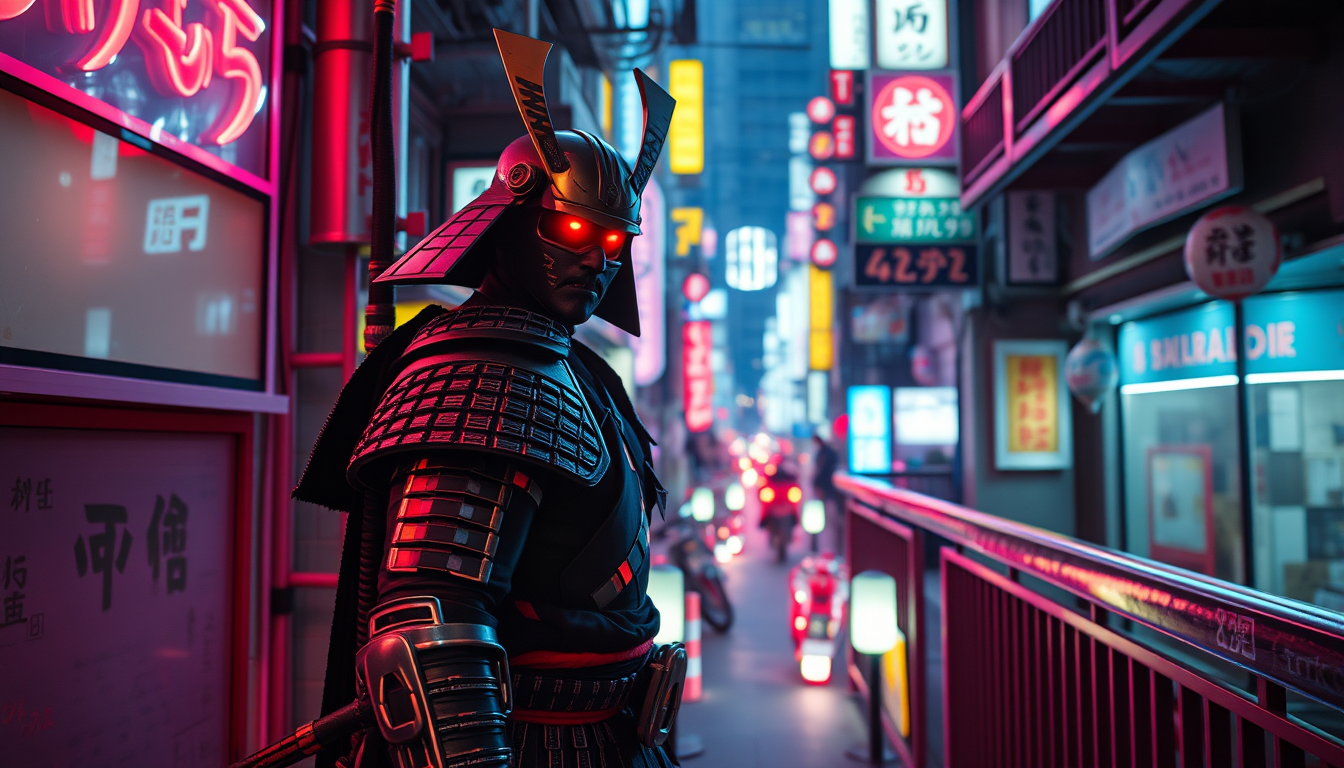 Main art studio: cyberpunk samurai in neon-soaked Tokyo alley, 4k, cinematic subido de tono en balcon