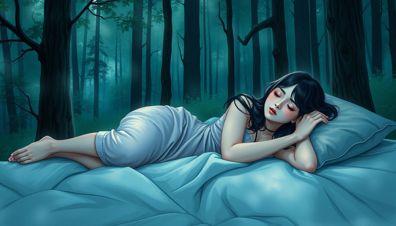 Main art studio: Nice young women sleeping ni forest. Full body