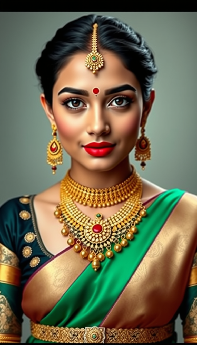 Main art studio: Edit the uploaded image by adding only traditional Indian women's jewelry and makeup details. 1. JEWELRY: Add beautiful, realistic traditional Indian