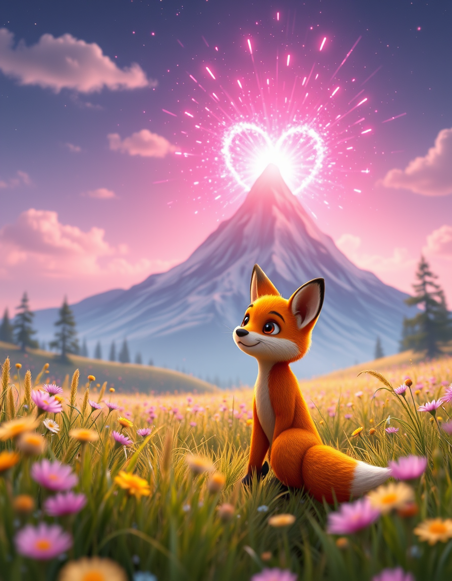 Main art studio: Un adorable petit renard orange court paniqué dans une prairie magique. Derrière lui, une énorme explosion de lumière rose éclate au sommet d'une mont