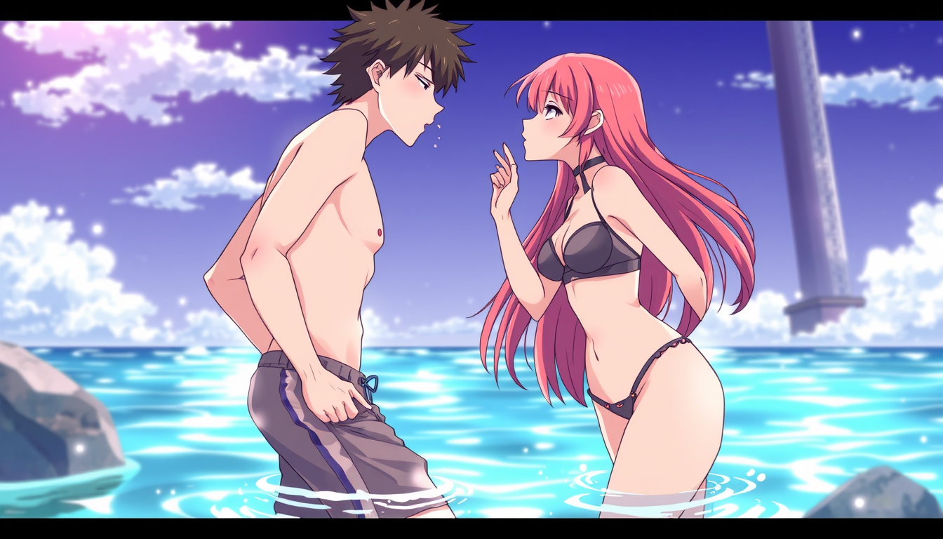 Main art studio: Anime boy and anime girl one in swim shorts other in bikini licking each other's lips