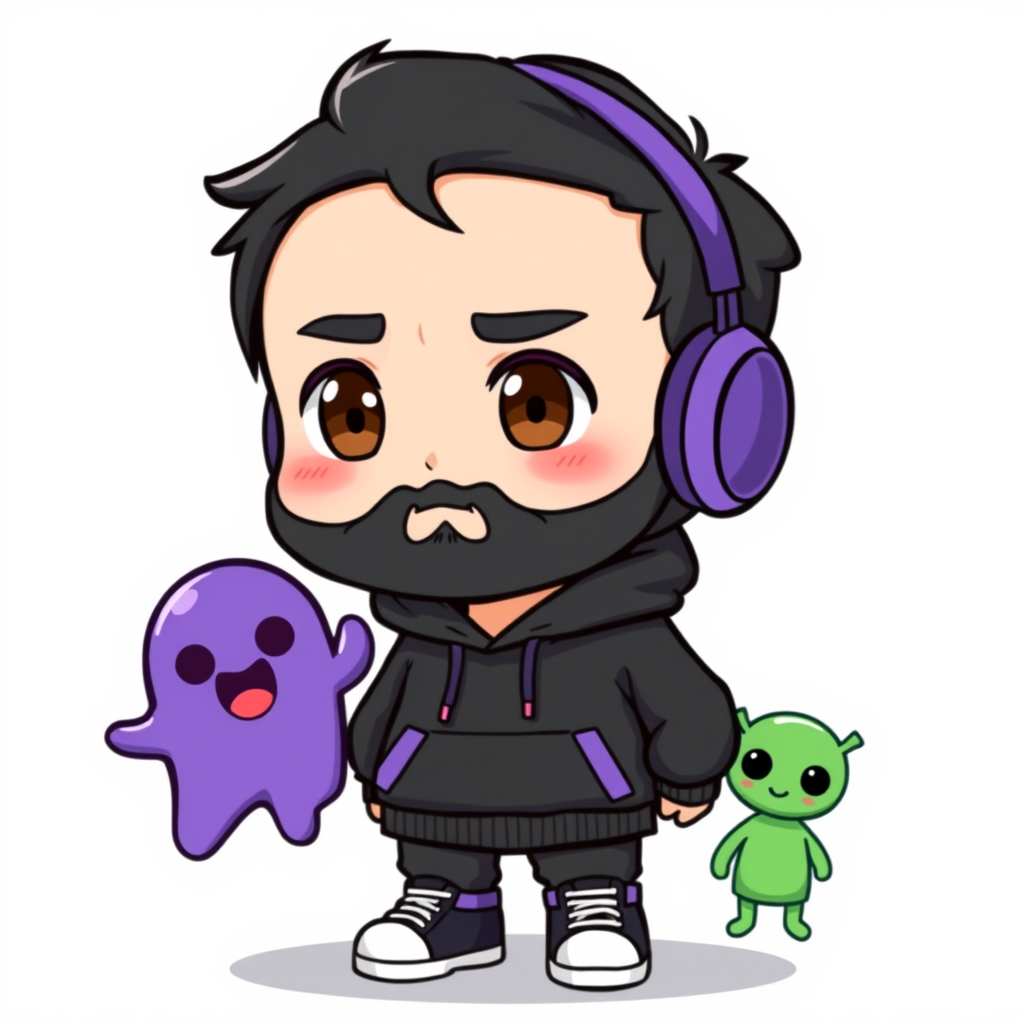 VTuber Avatar idea created from the prompt: vtuber avatar, anime style bust, expressive eyes, streaming overlay ready, Cute chibi anime man, big head, small body, short black hair, bea