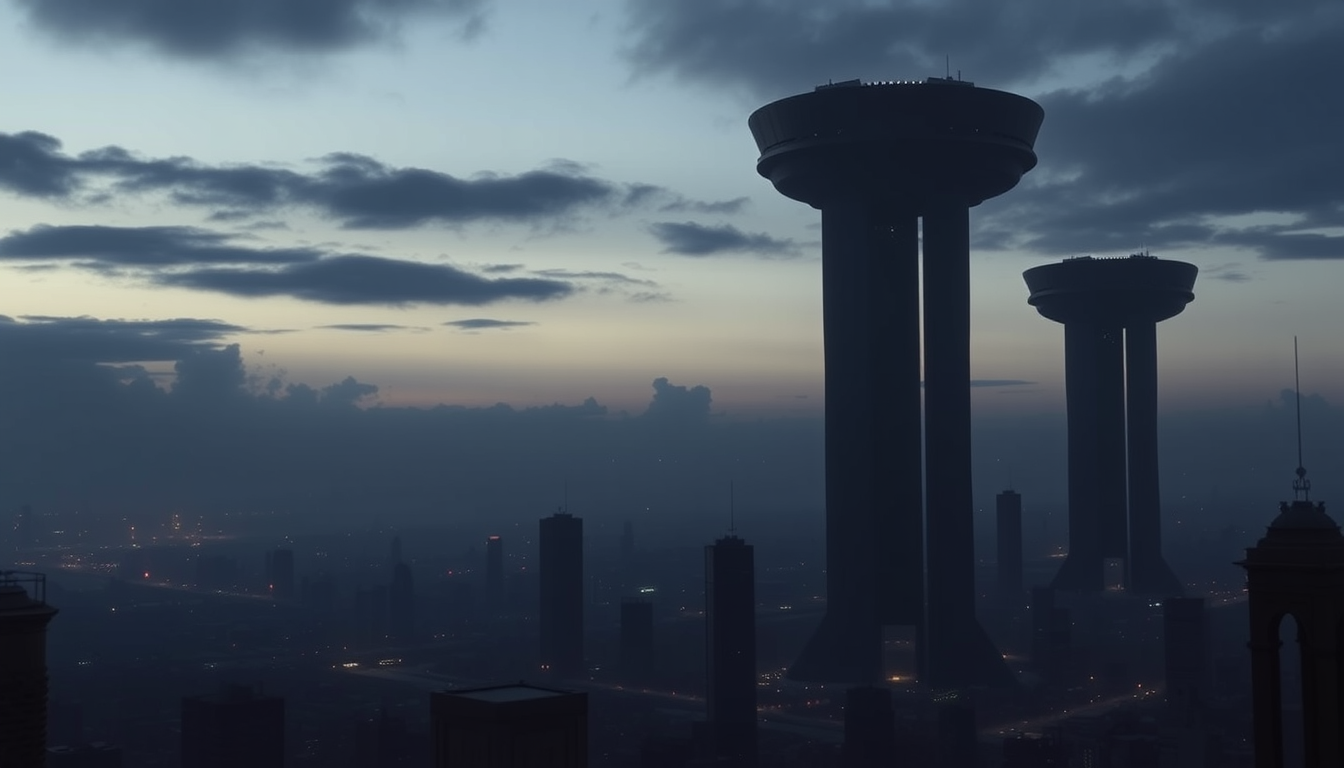 Main art studio: Towering above the skyline were colossal black structures that had appeared without warning twenty years ago. (towers should be in sky like circle dr 