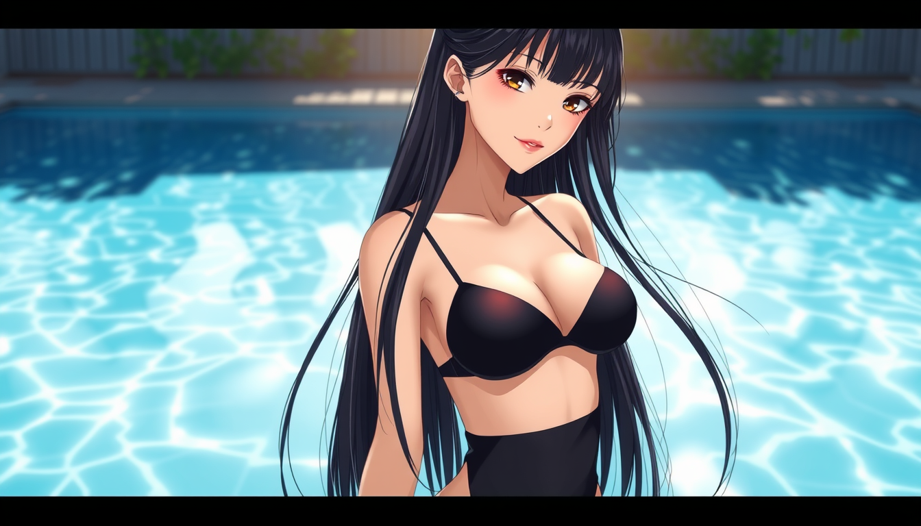Main art studio: Semi-realistic Japanese anime illustration of an adult Korean woman with long, straight black hair, wearing a sleek black two-piece bikini with a sepa
