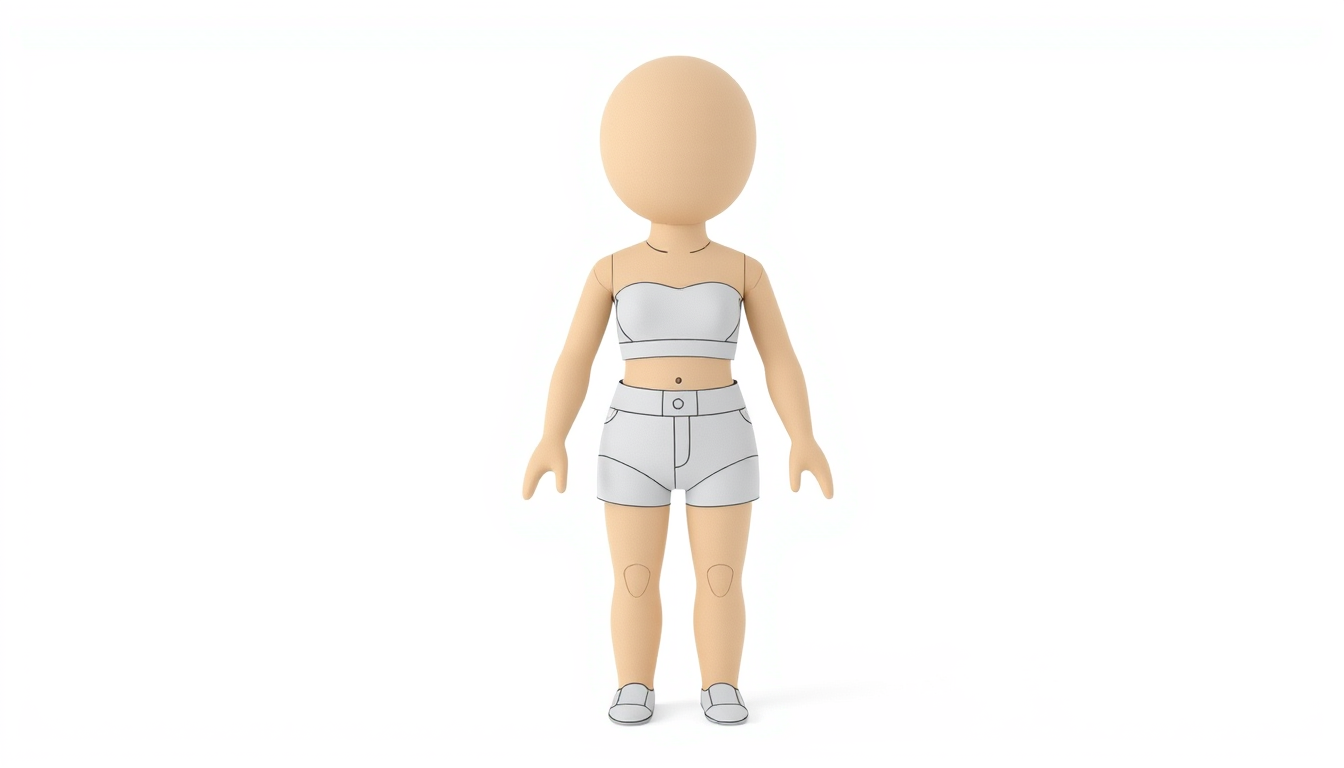 AI Art prompt example created from the prompt: One small full-body paper-doll character, slightly taller and slightly slimmer than average, with a gently narrow waist. Natural light beige