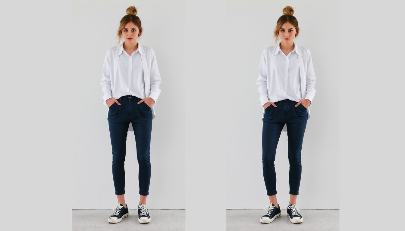 Main art studio: Ich möchte ein Outfit mit einer Ultra Low Waste sehr kurzen, blau weiß karierten Hose, einem Oberteil und vielleicht einer schwarzen Strumpfhose