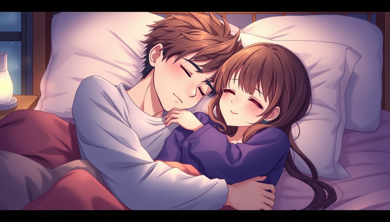Anime idea: anime style, vibrant colors, expressive eyes, A romantic anime-style scene of a boy peacefully sleeping with his head resting gently on his girlfriend
