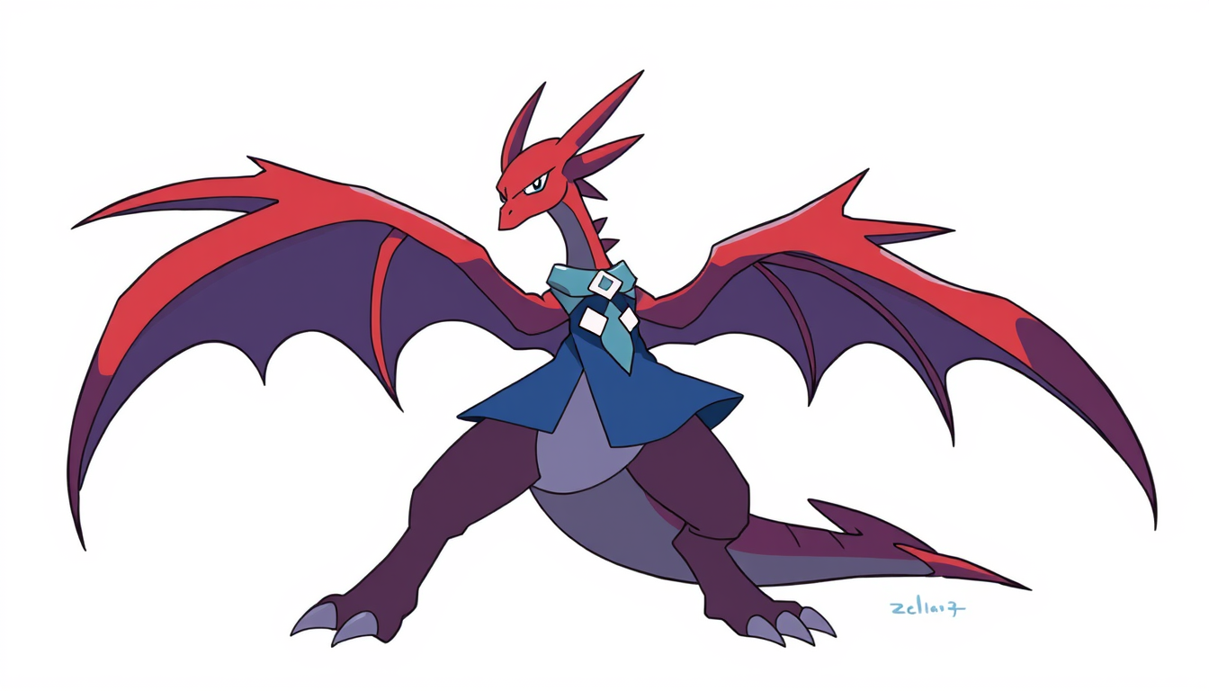 Characters idea: an original character defined by silhouette, role, outfit, palette, and expression, deliberate composition, i need pokemon it should be like a dragon