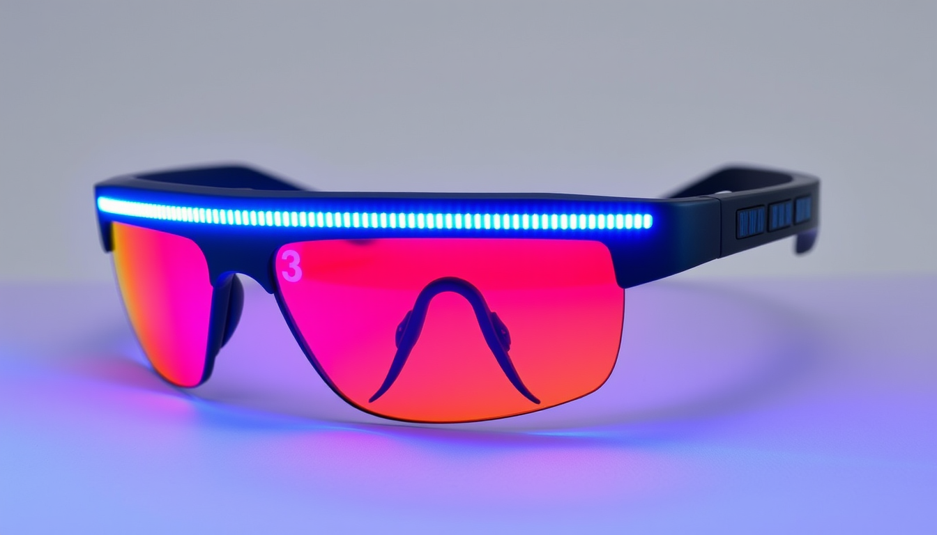 Main art studio: Savages sunglasses, with LED light strip on the top with RAV on each top side and tiny solar panels on temple arms. Bluetooth speaker inside temple ar