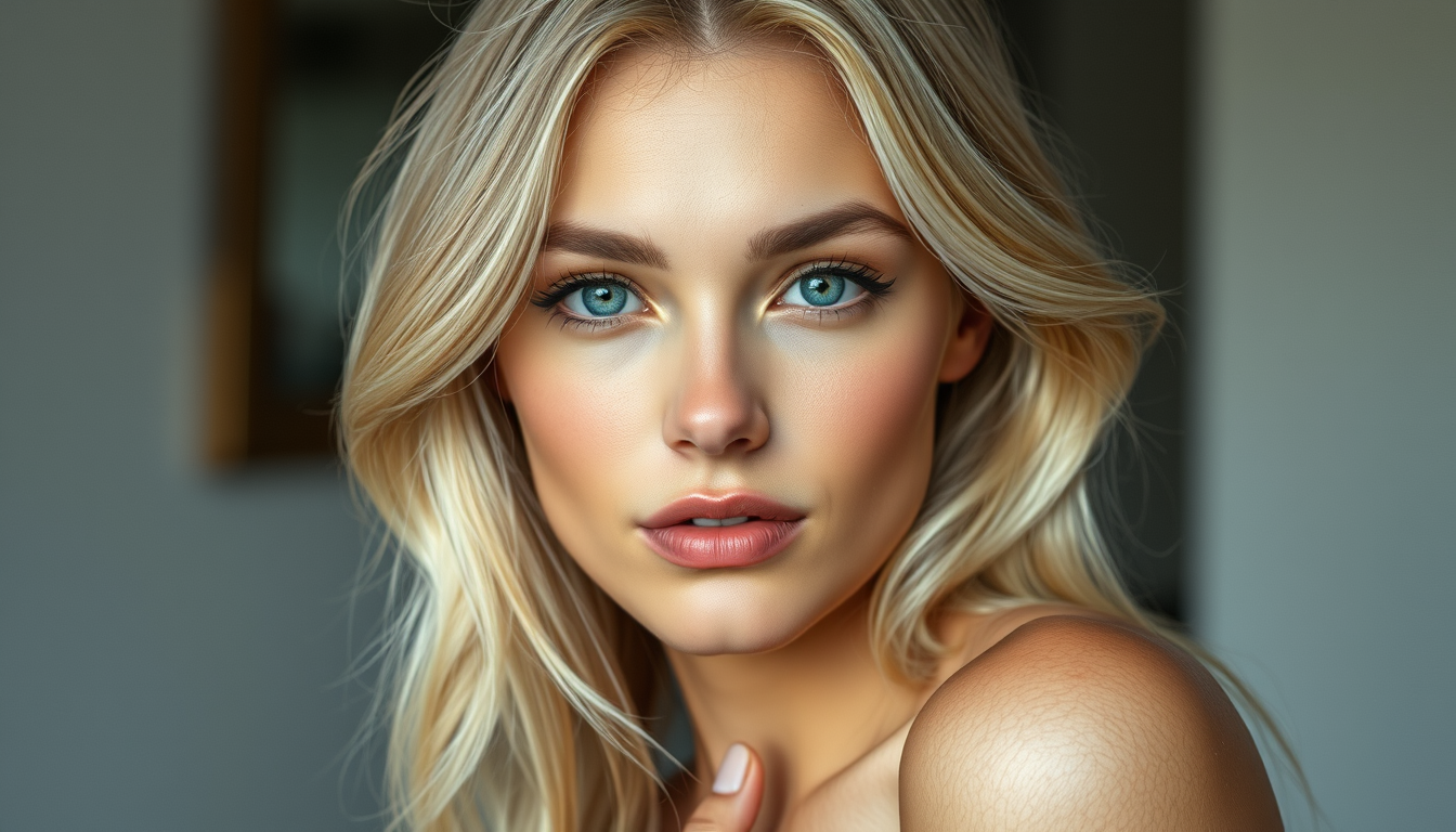 Main art studio: genere une femme nue super belle cheveux blond et lisse yeux bleu on doit la voir de la tete au nombril