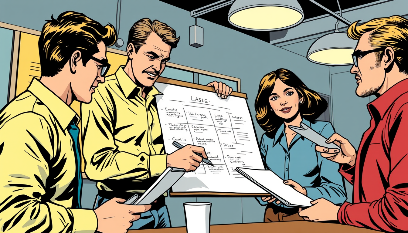 Main art studio: comic style. Vintage-/Retro-Comic. A team working together. With flipchart. someones are writing notes. Everybody ha a papercard in his hands.