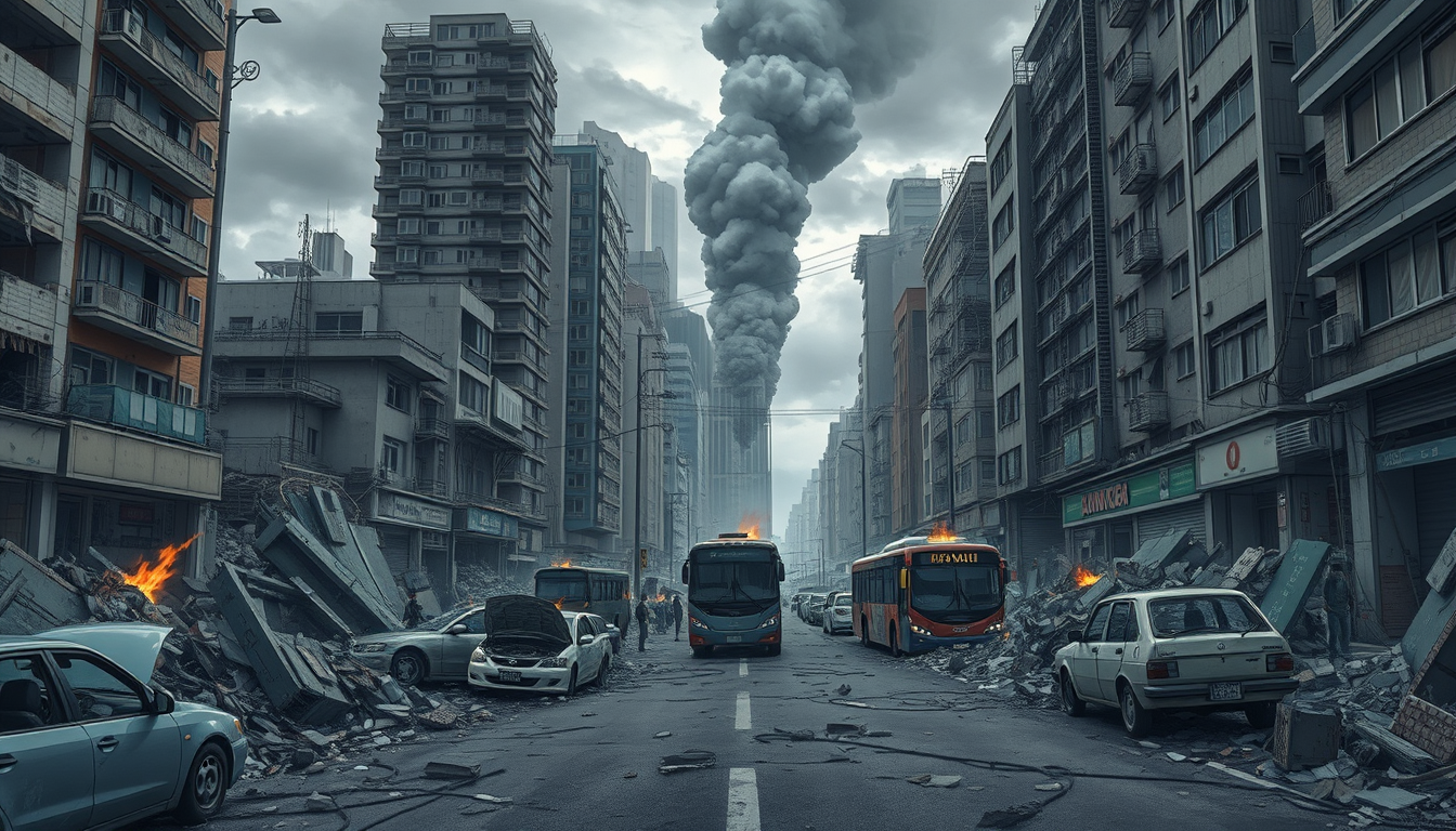 Anime idea: anime style, vibrant colors, expressive eyes, Japanese anime movie background, mature semi-realistic anime illustration of a Japanese city destroyed b