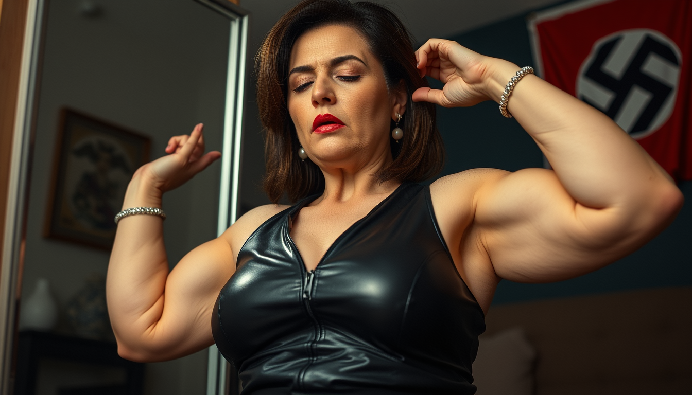 Main art studio: low angle shot of an astonishingly beautiful serious woman around 45, muscular, fat. She is wearing a black leather tank top with zipper, white skin, 