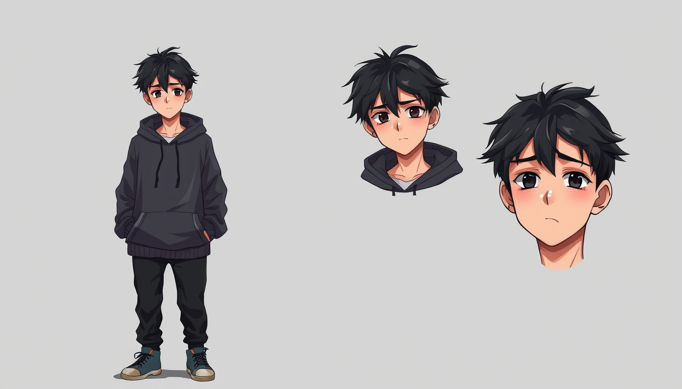 Anime idea: anime style, vibrant colors, expressive eyes, young adult man with messy black hair, tired dark eyes, and natural skin texture. Wearing an oversized c