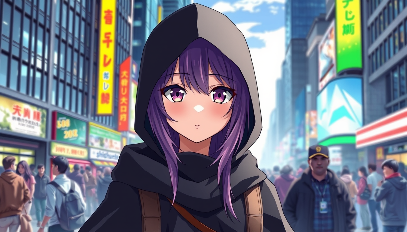 Anime idea: anime style, vibrant colors, expressive eyes, a girl around 18 years old. She has natural purple hair. She is wearing a black cape with a hood coverin