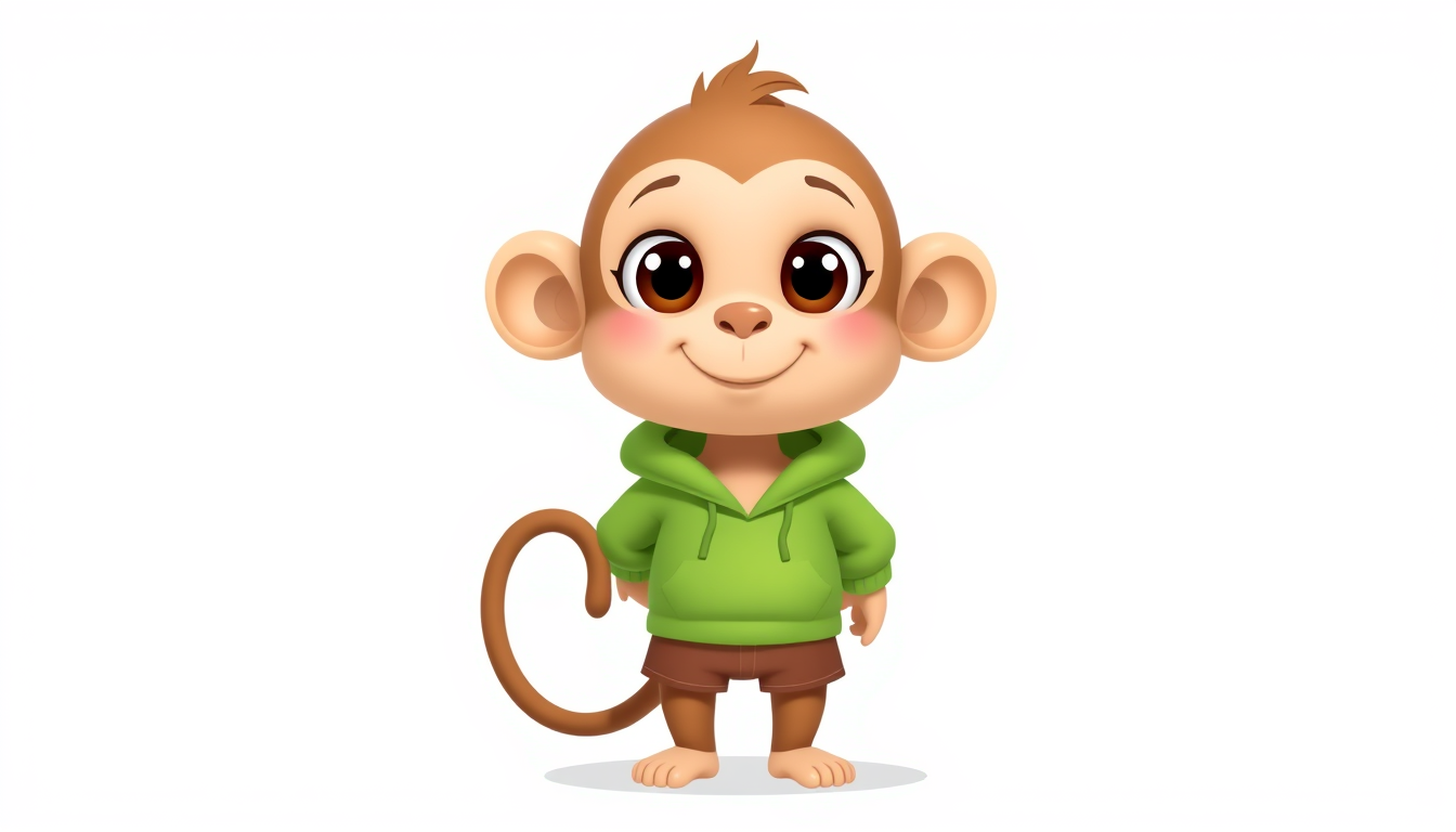 Main art studio: A cute 2D cartoon monkey character, standing upright like a human. Soft light brown fur, a beige face, big round expressive dark eyes, small rounded e