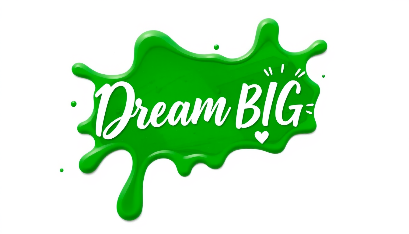 Main art studio: A glossy green paint splash shape with droplet-shaped lobes and shiny 3D highlights on a white background. Inside the splash, the phrase "Dream BIG" i