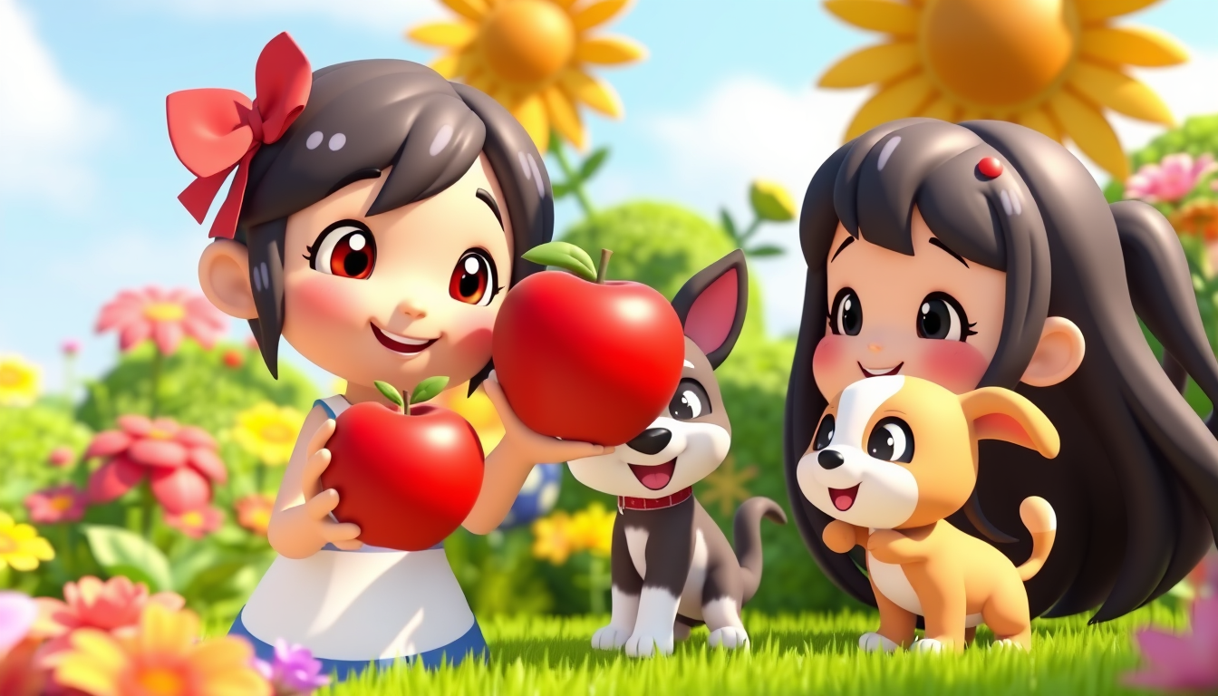 Main art studio: Aru, Mia and their puppy in a sunny colorful garden. Aru holds a bright red apple and shows it to the camera. Mia smiles and points at the apple, whil