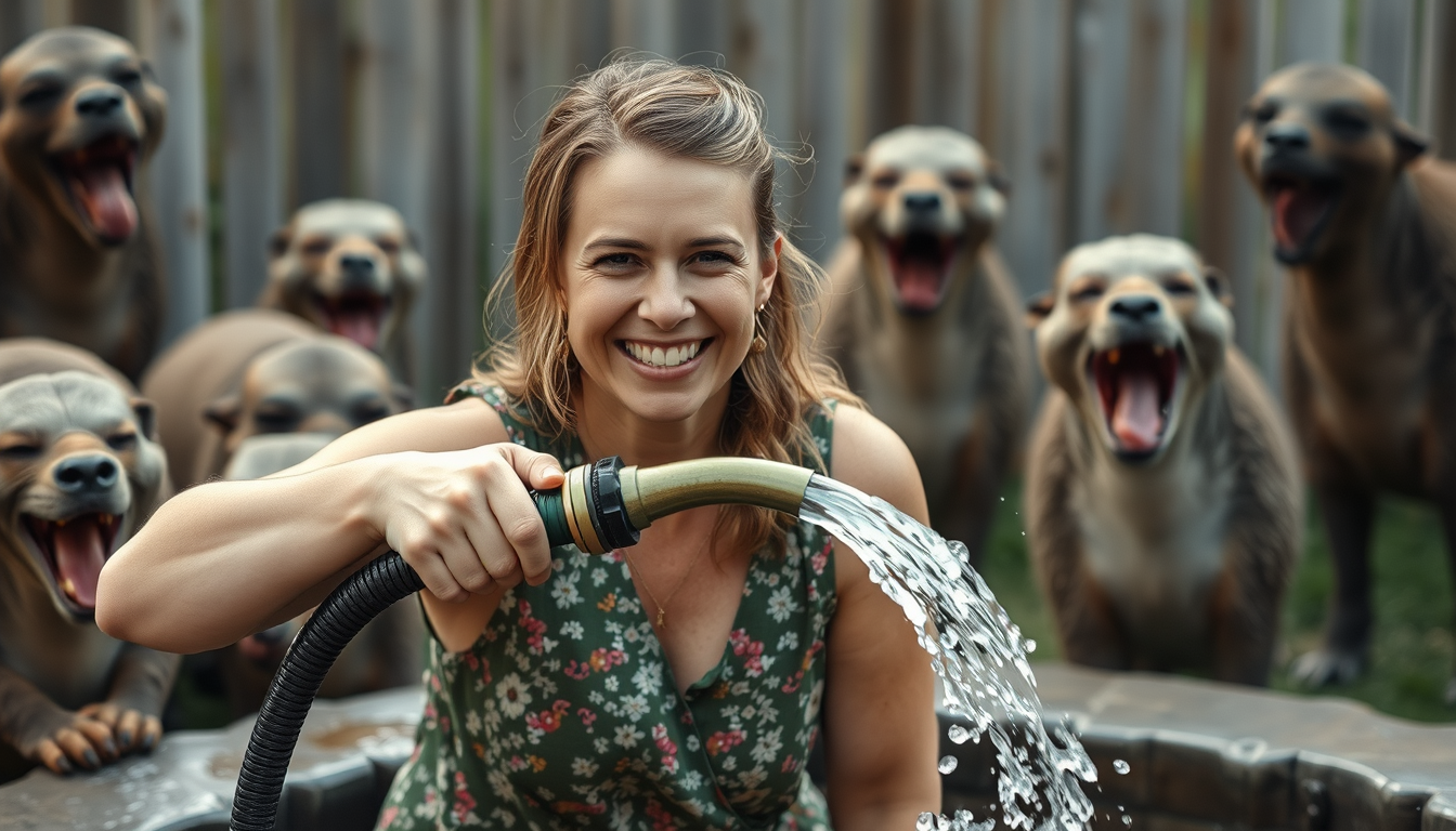 Main art studio: KATIE HOBBS SHRUGGING AND SMILING WHILE HOLDING A GARDEN HOSE RUNNING WATER OVERFLOWING UP TO HER CHIN SURROUNDED BY LAUGHING MUSLIMS DRILLING A WELL