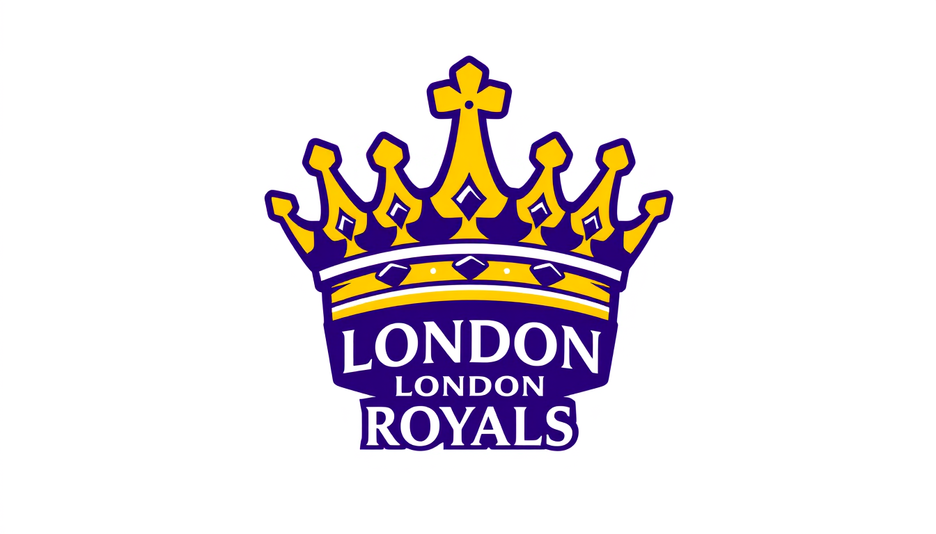 Main art studio: Create a professional sports logo for the London Royals. Use ONLY deep purple (#36013F), royal yellow (#FADA5E), and clean white. Feature a bold, powe