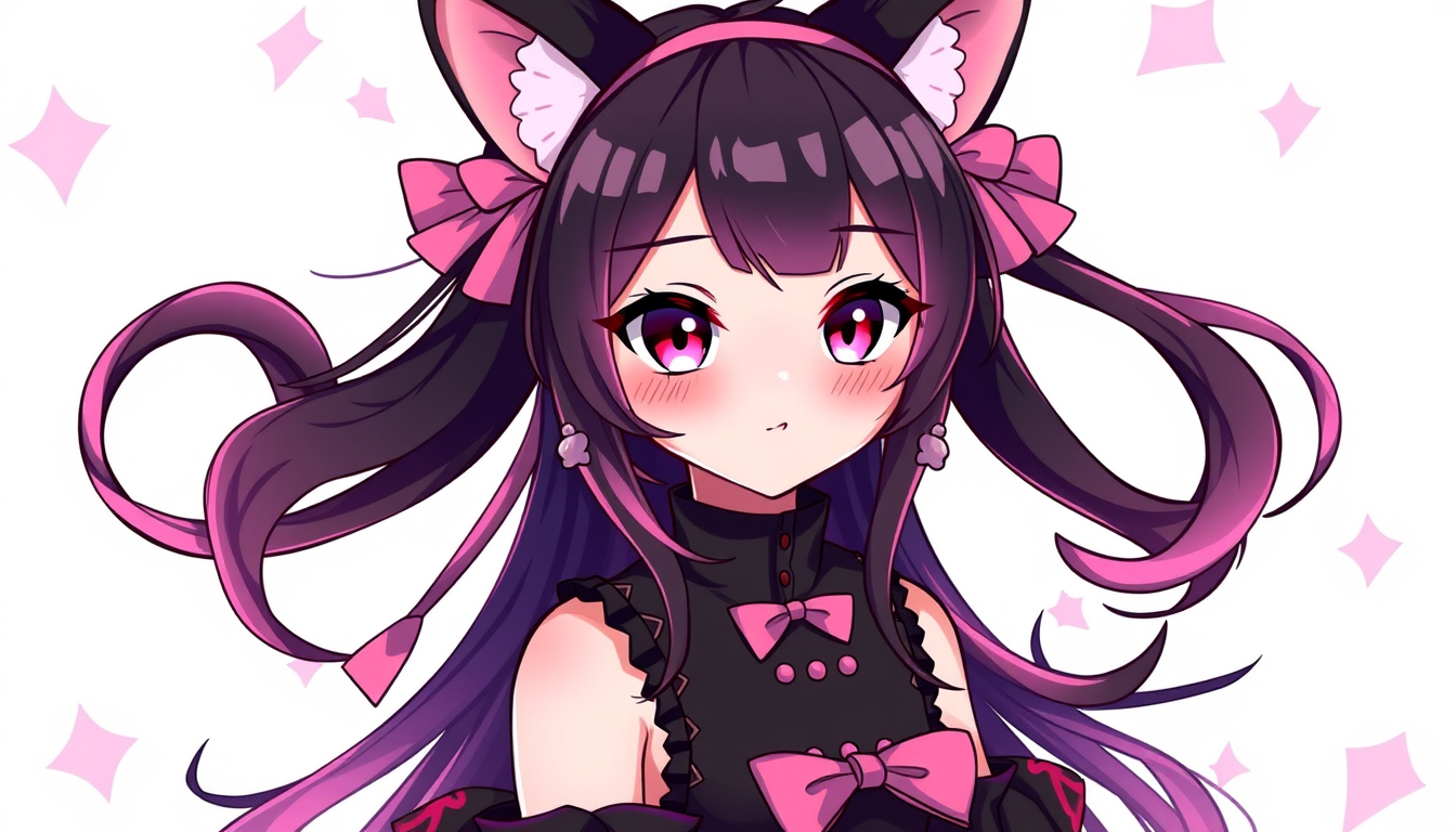 VTuber idea: vtuber avatar character, anime style, expressive face, streaming-ready design, pink-haired cat girl glowing eyes a black dress 2 pink bows and look li