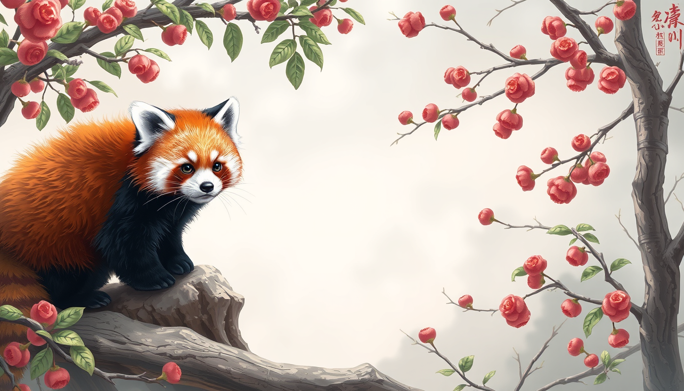 Main art studio: 一个Q版小熊猫(red panda),背景白色(空),站立,头大(2头身),Q版,二次元,只有它一个,面向我