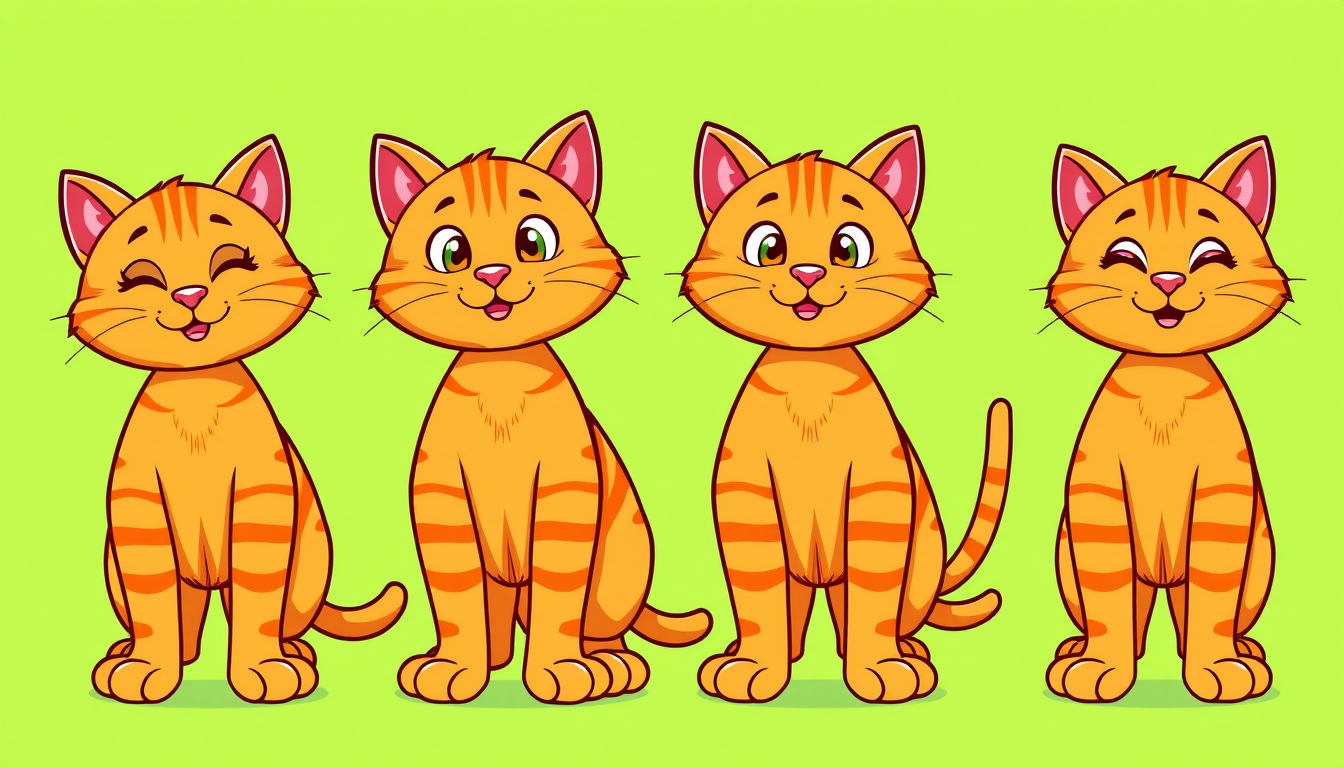 Main art studio: Four cute identical orange cartoon cats standing naturally on all four paws. Same cat, same size, same proportions, same head and body. Each cat has t