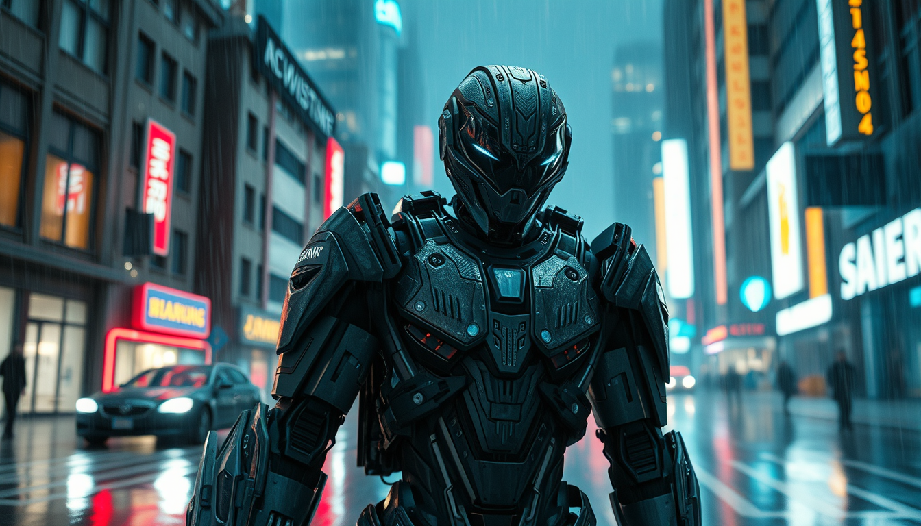 Main art studio: A scene of a futuristic android in full body armour in amazing detail set in a cyber punk city theme at night time in a rain storm