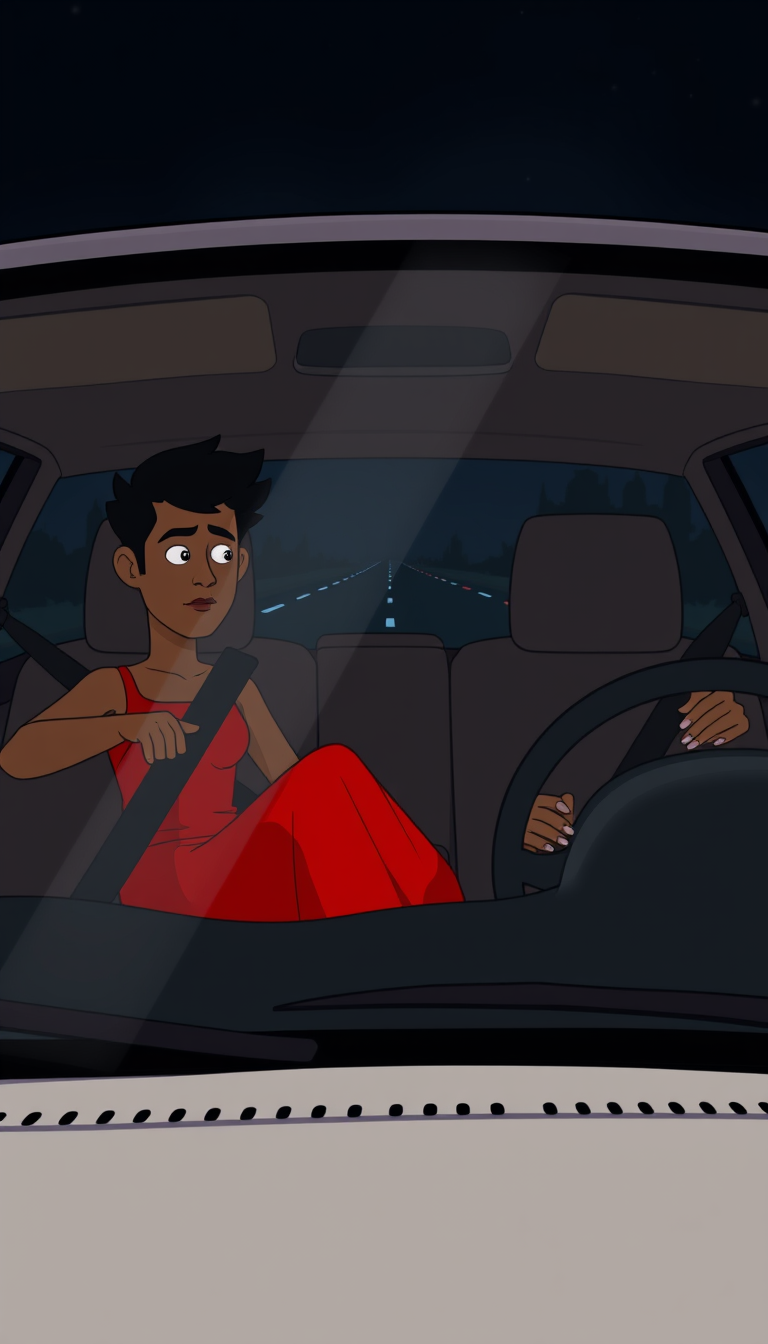 Main art studio: Sameer driving a car at night while Anaya sits silently in the passenger seat, Anaya wearing a red dress and looking mysterious, dark road visible thr