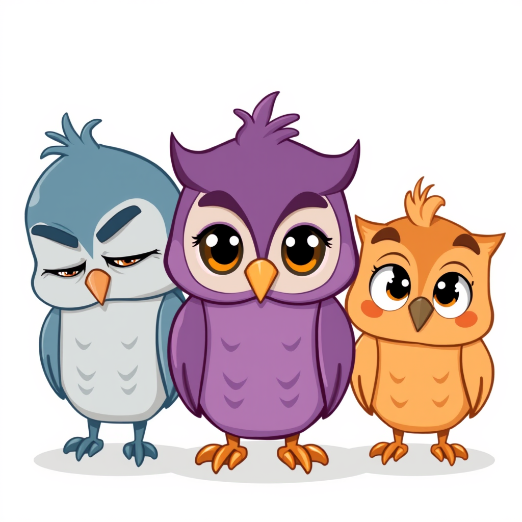Main art studio: Three cute cartoon owls, one head per owl, with identical beak shape and size. All eyes fully open, lively and clearly visible. Left blue-gray: closed