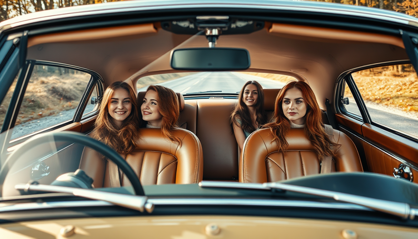 Main art studio: Das Bild soll das Auto von außen von der Seite zeigen. Ein großes, luxuriöses Auto mit braunen, vintage Ledersitzen ist von einer Scherenhebebühne hoc