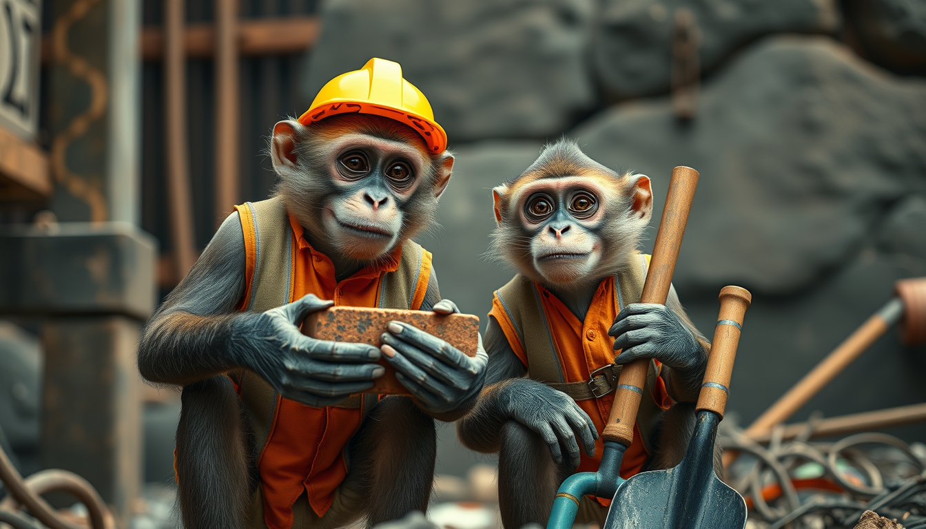 Main art studio: Two funny realistic monkeys working together at a construction site in Sri Lanka, wearing construction worker clothes, one monkey holding bricks and t