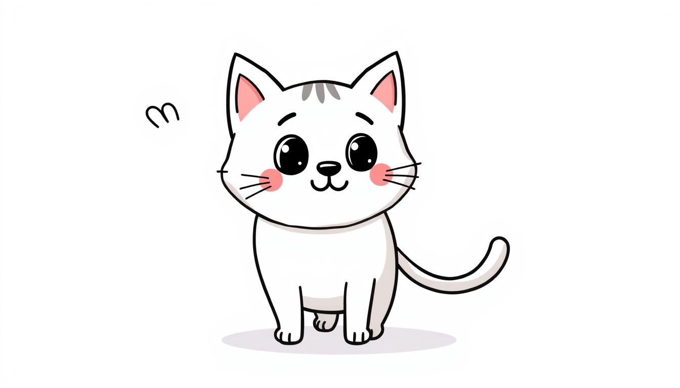 Main art studio: Cute hand-drawn cartoon cat, full body, simple clean 2D illustration, white and light gray fur, bold black outline, friendly funny face, big expressiv