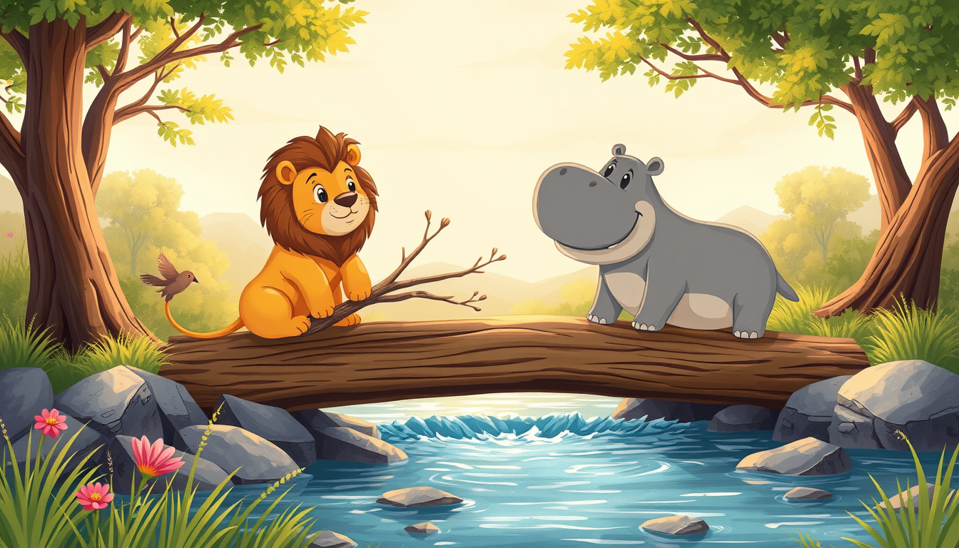 Main art studio: Illustration d’un livre pour enfants : le même lion gentil à la crinière dorée et le même hippopotame gris cherchent ensemble un moyen de réparer le p