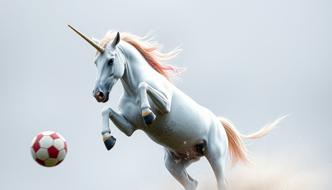 Main art studio: A unicorn that is playing football.