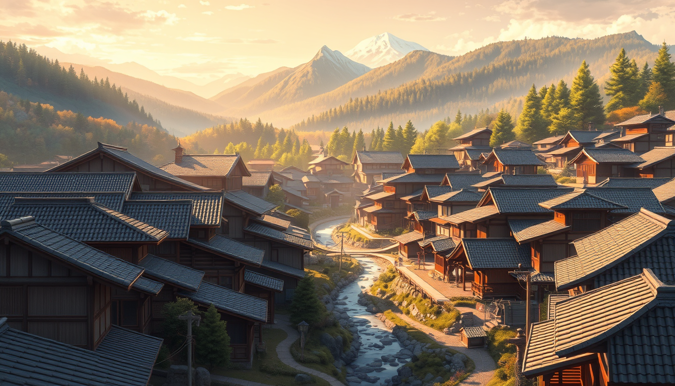 AI Art prompt example created from the prompt: A traditional Japanese mountain village larger and more established than a tiny rural settlement, clusters of wooden houses with tiled roofs