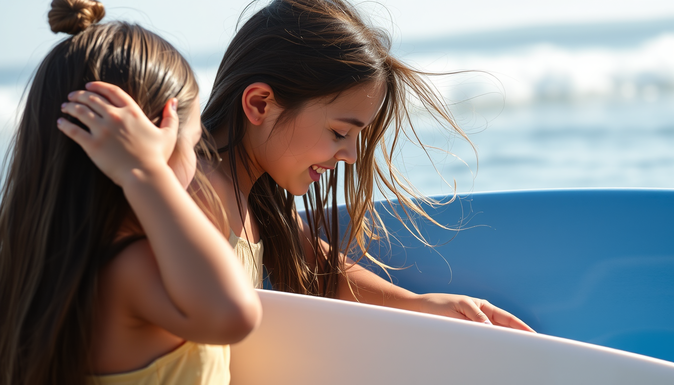 Main art studio: 2 yuears old girl child touching mothers hair, child ísť standing beside surfing mother