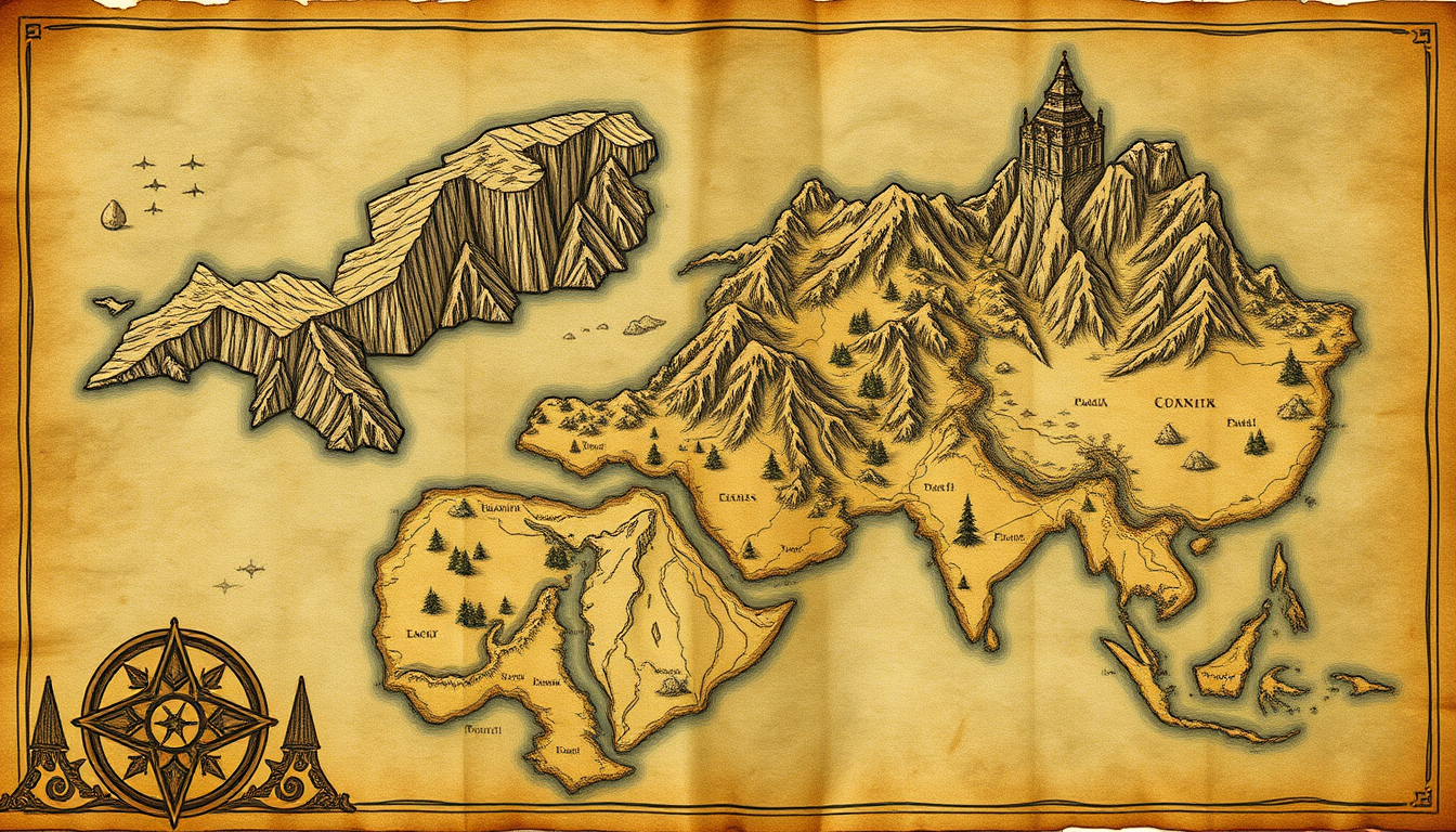 Fantasy Maps idea: fantasy world map, hand-drawn cartography, aged parchment, mountains forests and coastlines, fantastik orta çağ haritası. tek kıta, eni düşük, uzunluğ