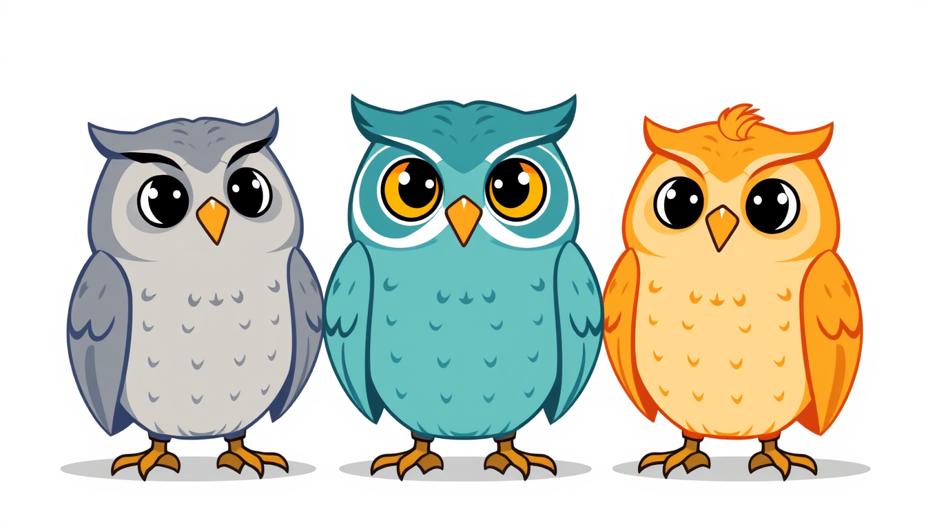 Main art studio: Professional mascot logo for a modern university study app. Exactly three charming gender-neutral owls side by side. Left owl is blue-gray, head and e