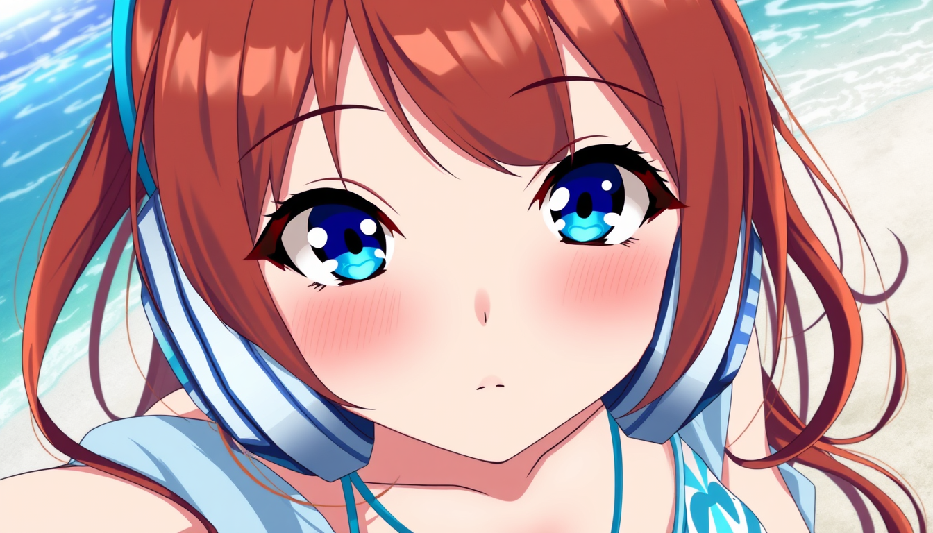 AI Art prompt example created from the prompt: Close-up, high-resolution anime-style beach selfie of a shy, blushing young woman inspired by Miku Nakano, leaning toward the viewer. She ha