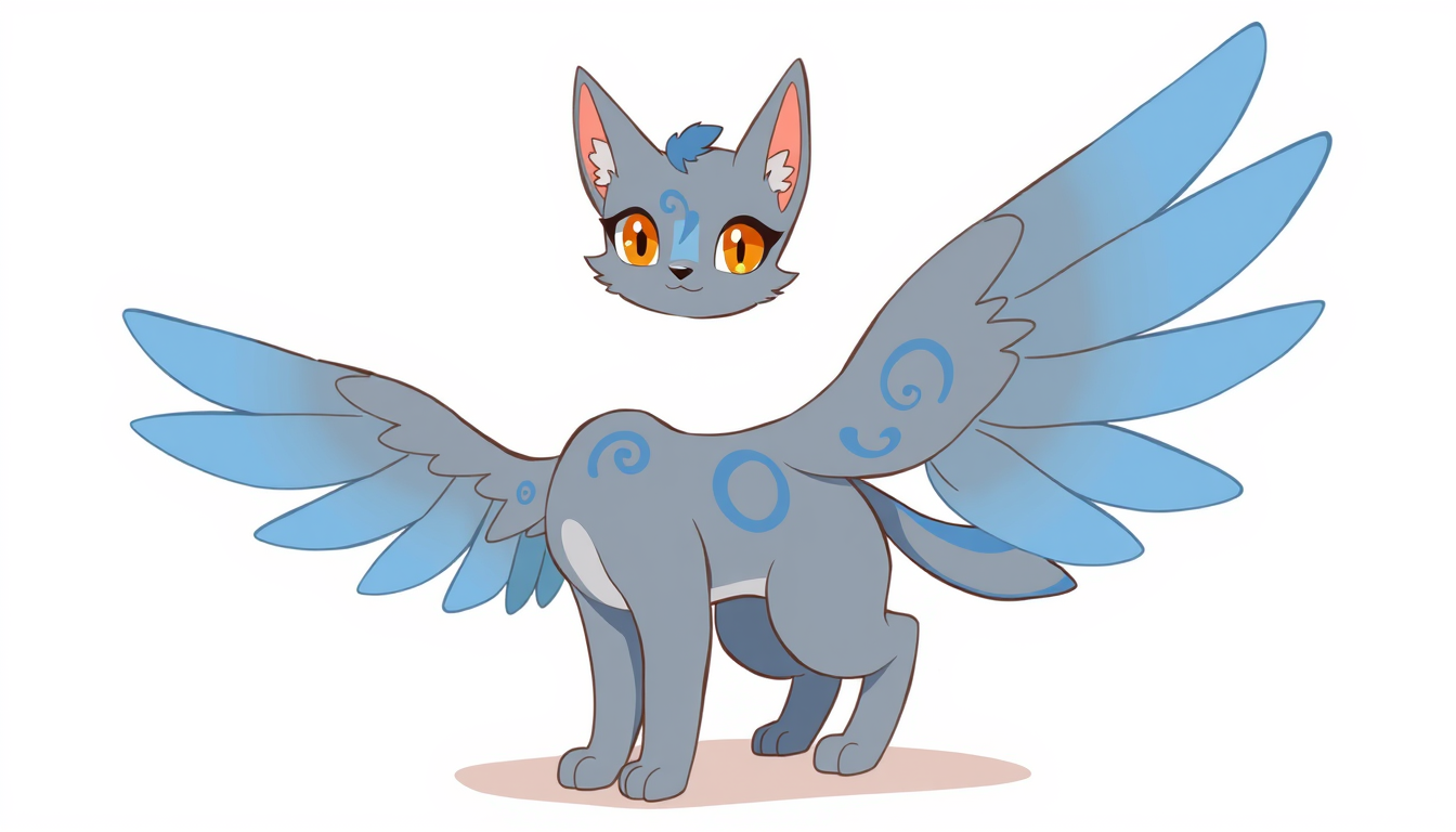 Fursona idea created from the prompt: fursona character, anthropomorphic animal design, expressive personality, reference sheet style, grey cat with blue swirls around the body,b