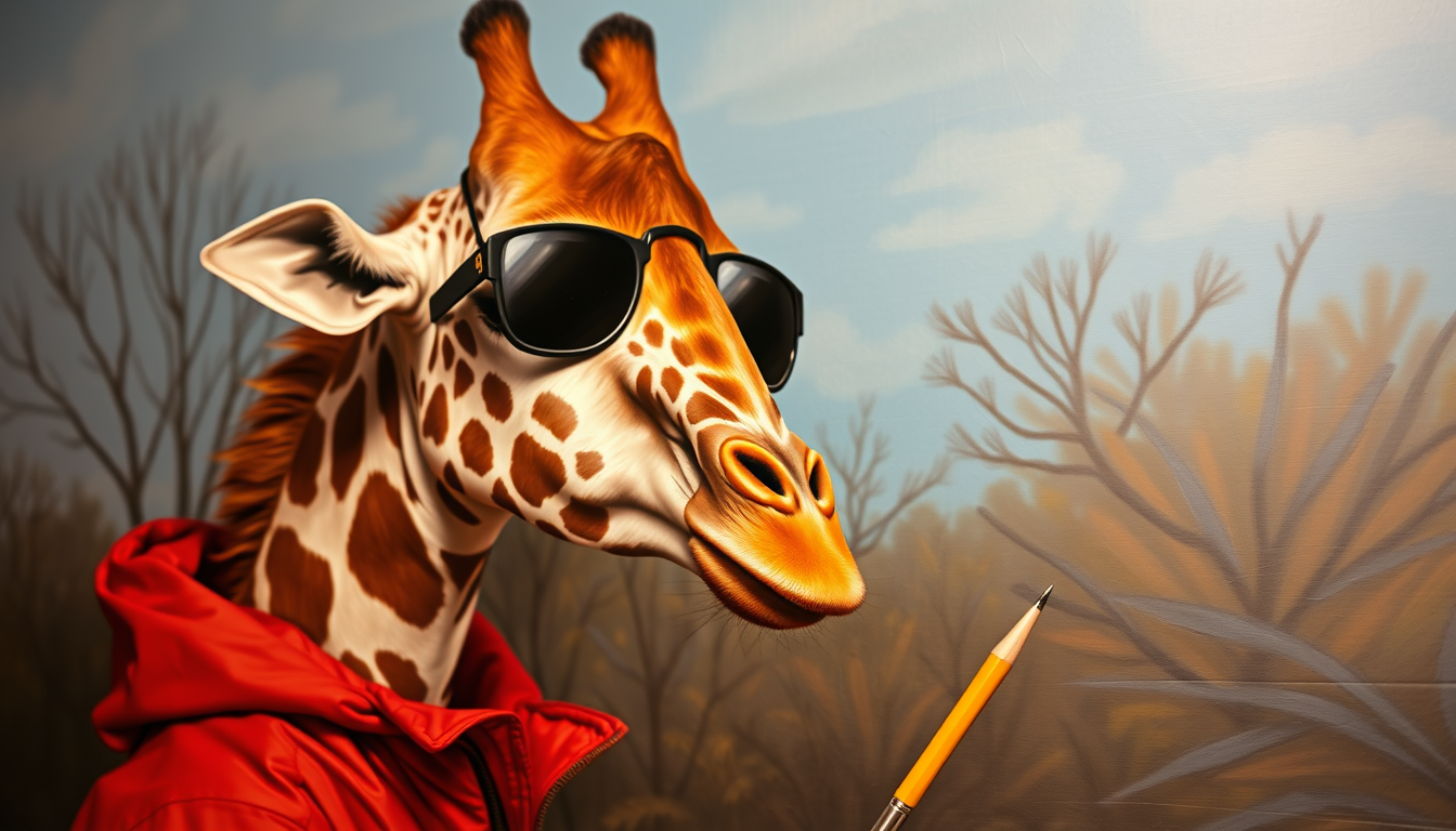 Main art studio: a giraffe painting a beautiful painting, he is wearing a red jacket and black sunglasses. he is in a zoo and it is night
