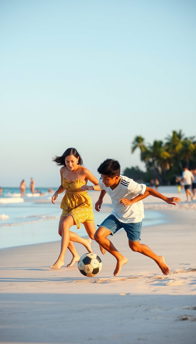 Main art studio: Asian woman with european boy on beach, playing soccer