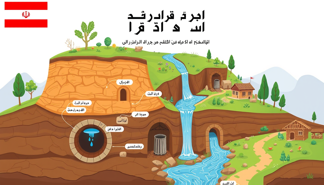 AI Art prompt example created from the prompt: Create a beautiful educational poster about Qanat (traditional underground water channels in Iran). Show a cross-section of the ground with