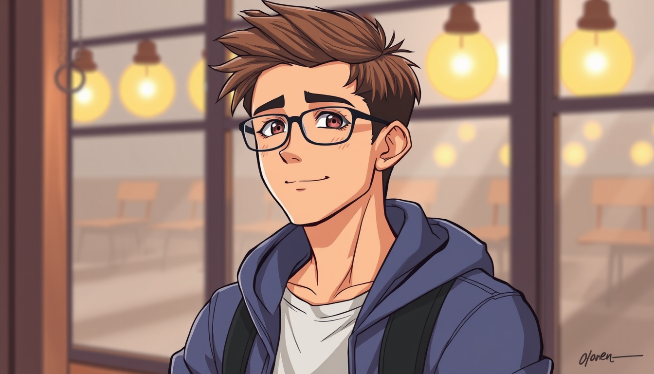 Main art studio: Zeichne einen Anime jungen Mann, der attraktiv, sportlich, tänzerisch, musikalisch, empathisch, sensibel, sympatisch, intelligent ist