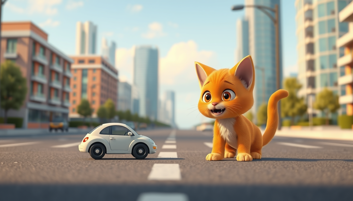 Main art studio: The same cute small orange cat sees a small toy car blocking the road, surprised expression, beautiful modern city, cinematic 3D animation style, vert