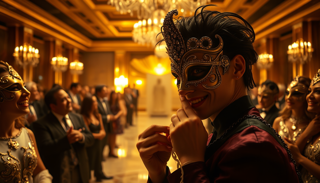 Main art studio: Prompt: A surreal, powerful, and cinematic conceptual art piece. In a grand, luxurious, and brightly lit modern ballroom filled with high-class people