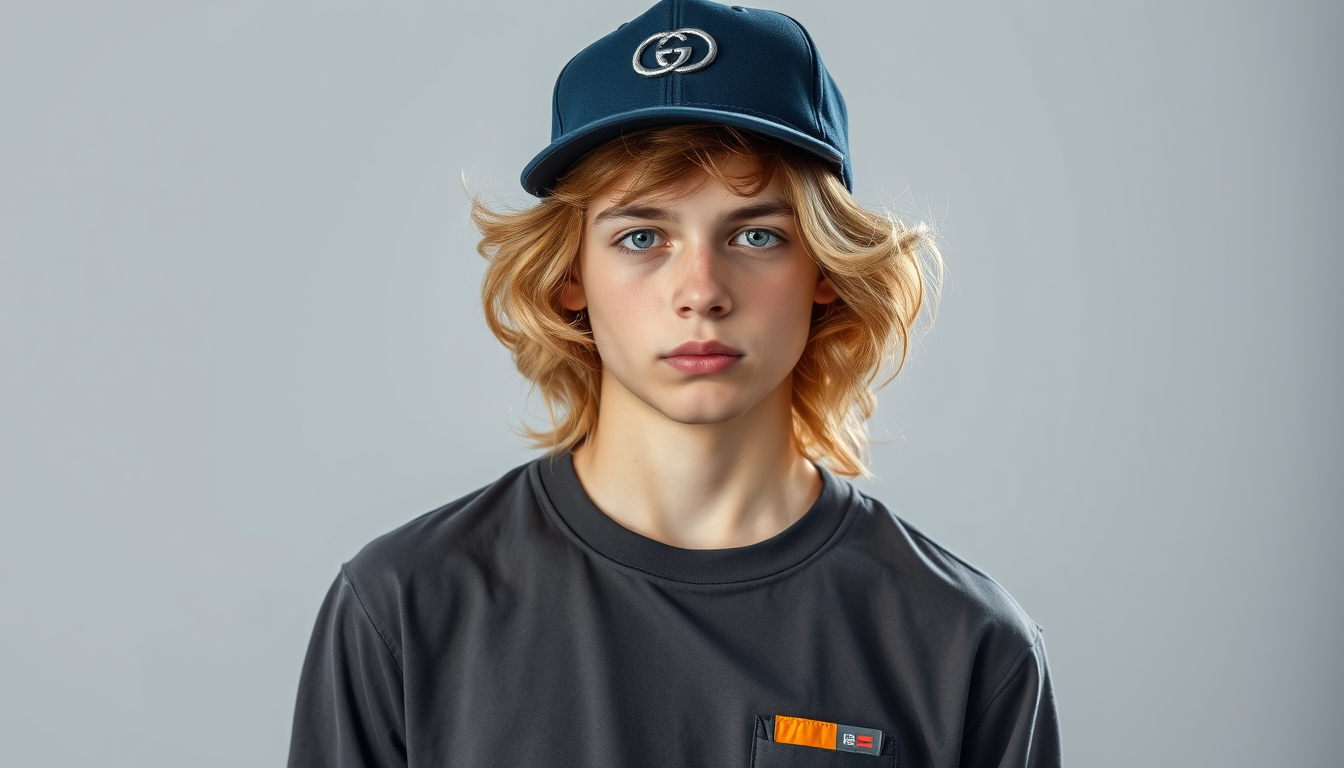 Main art studio: Mache mir ein Foto von einem hellbraunem Jungen der 16 Jahre alt ist un helbraune fluffige Haare hat mit einem weissem weissem Nike t-Shirt und einer
