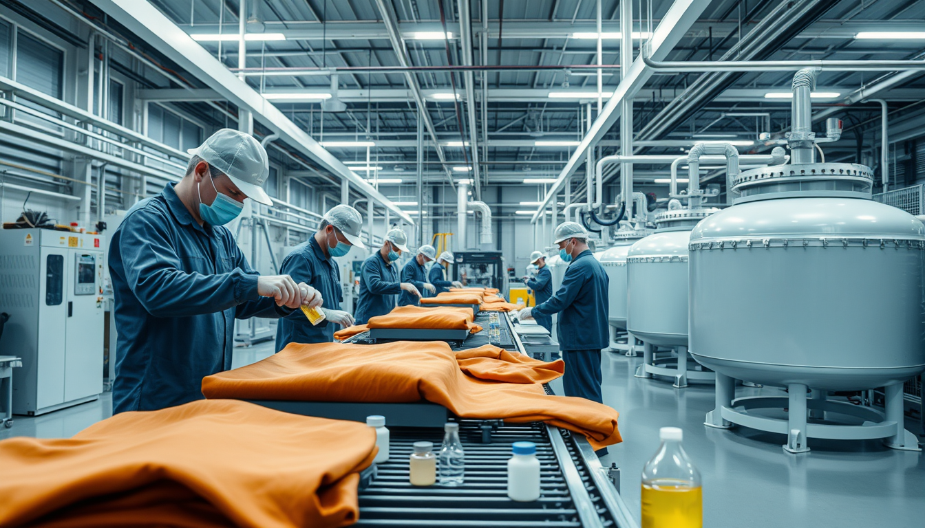 Main art studio: # PU Leather — Scene 1 A realistic modern factory showing the beginning of PU synthetic leather production. Workers prepare polyurethane resin, polyes